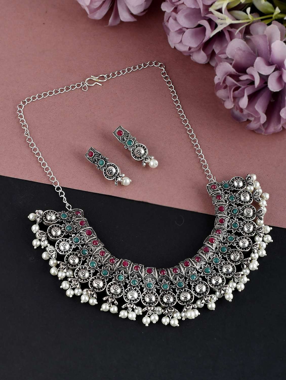 silver brass necklaces and earring