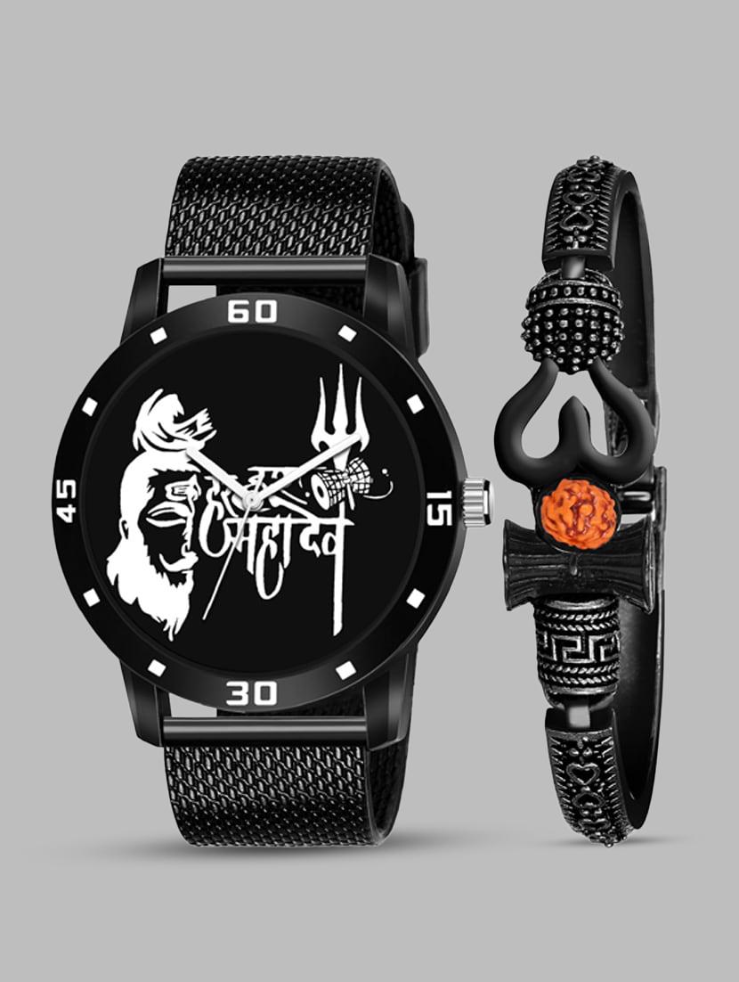 kajaru new fancy stylish - black pu strap & mahadev bracelet combo watch