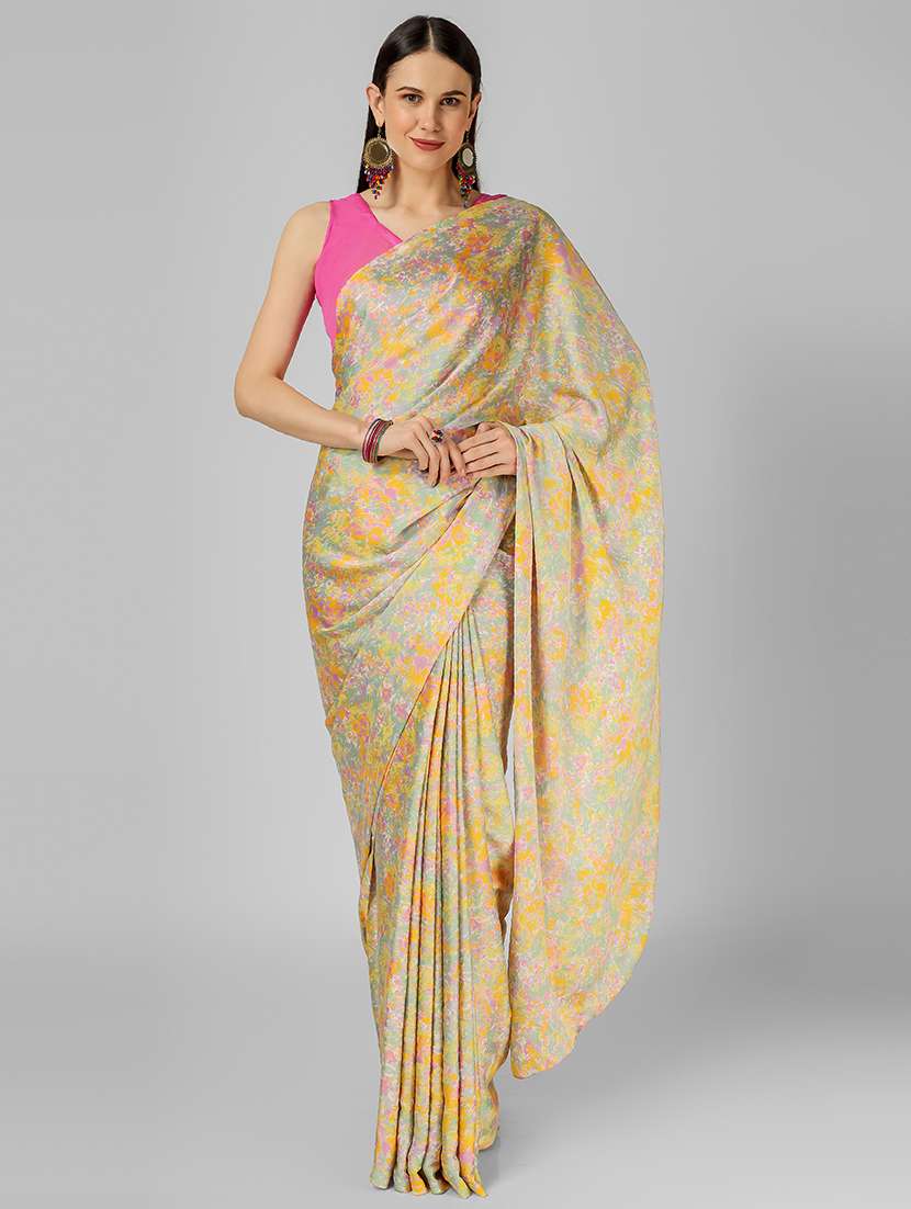 women's floral beige colored saree with blouse