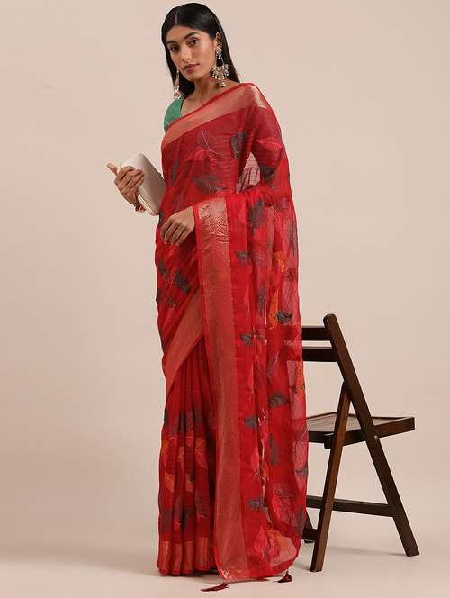 red chiffon embroidered saree with blouse - 18390135 -  Standard Image - 0