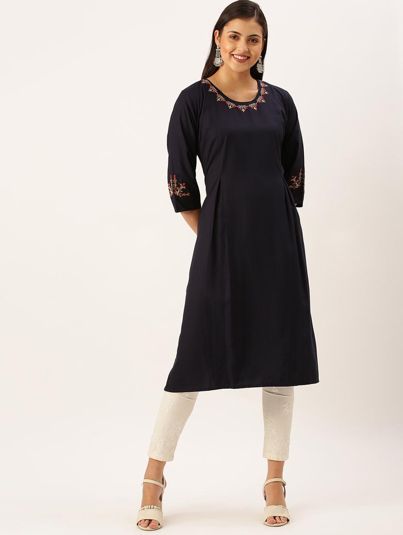 navy solid a-line kurta - 18390195 -  Zoom Image - 0