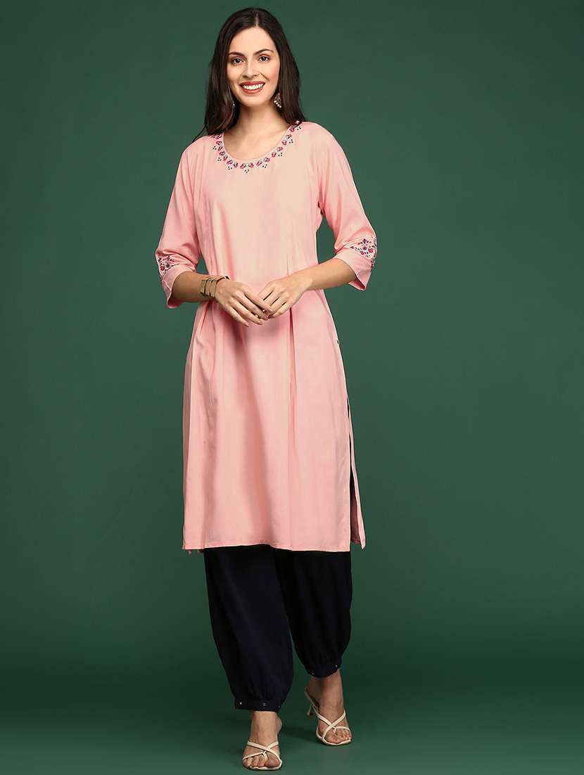 pink solid  straight kurta