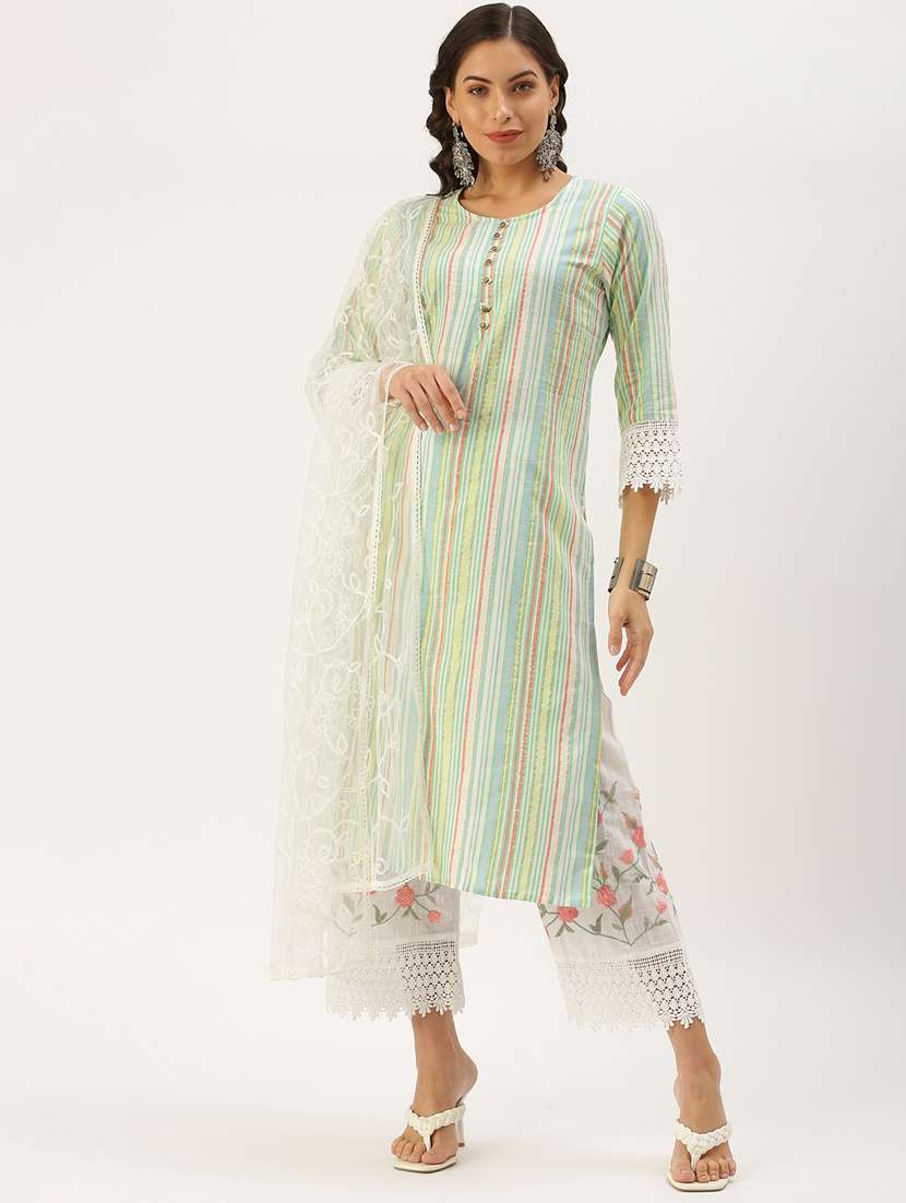 women multi color stripes kurta pant set with dupatta