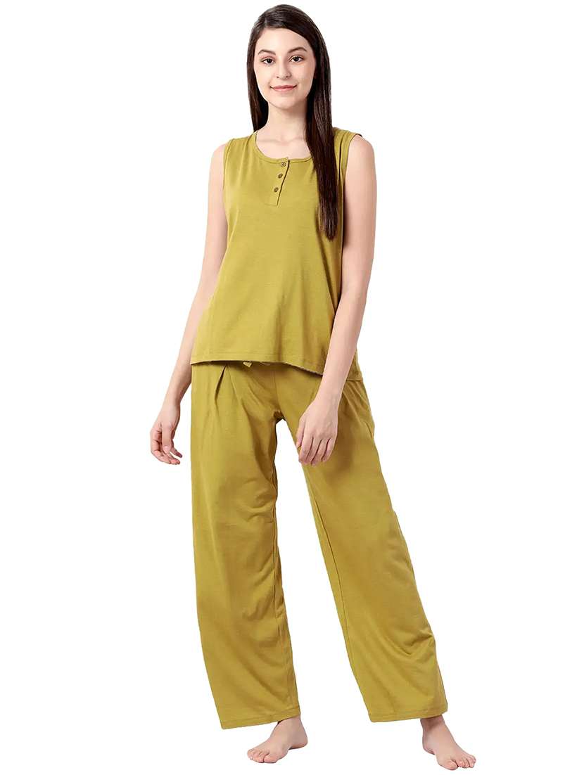 olive green solid nightwear pajama set 