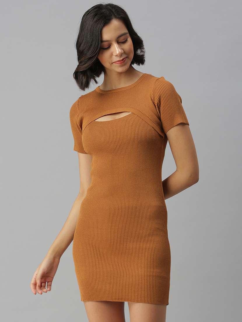 round neck solid bodycon dress
