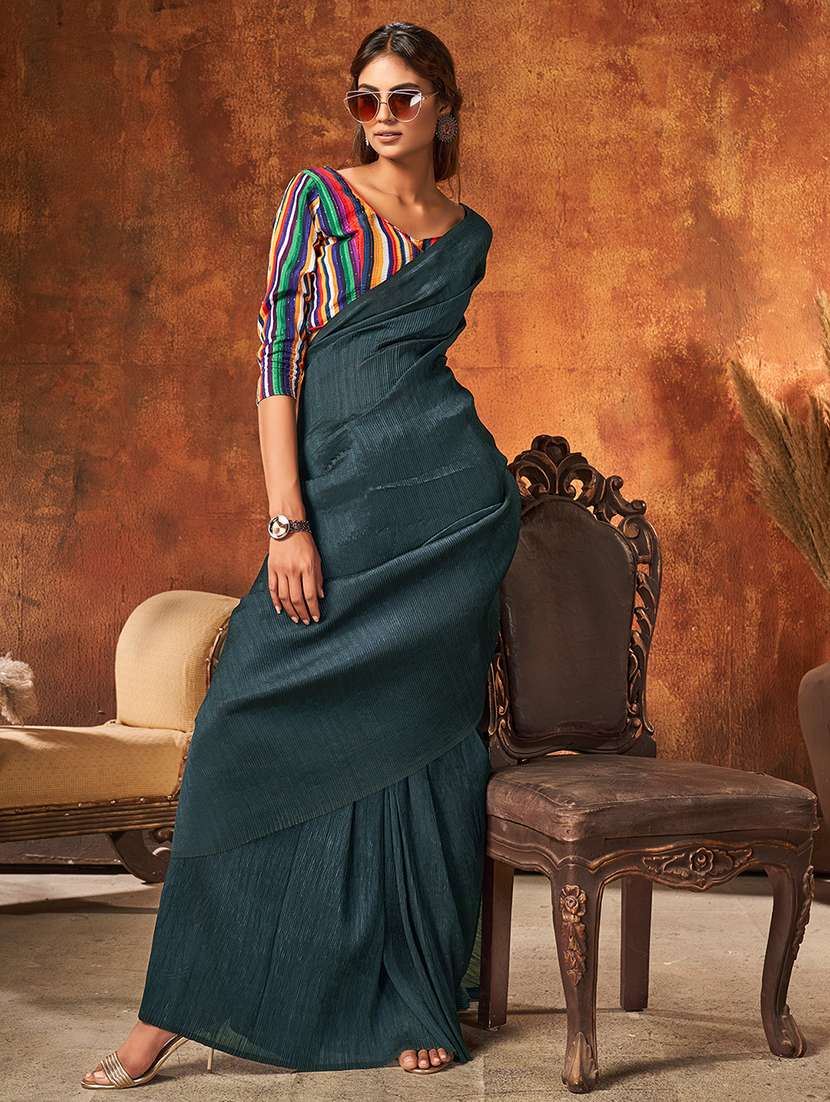 women's solid grey colored saree with blouse