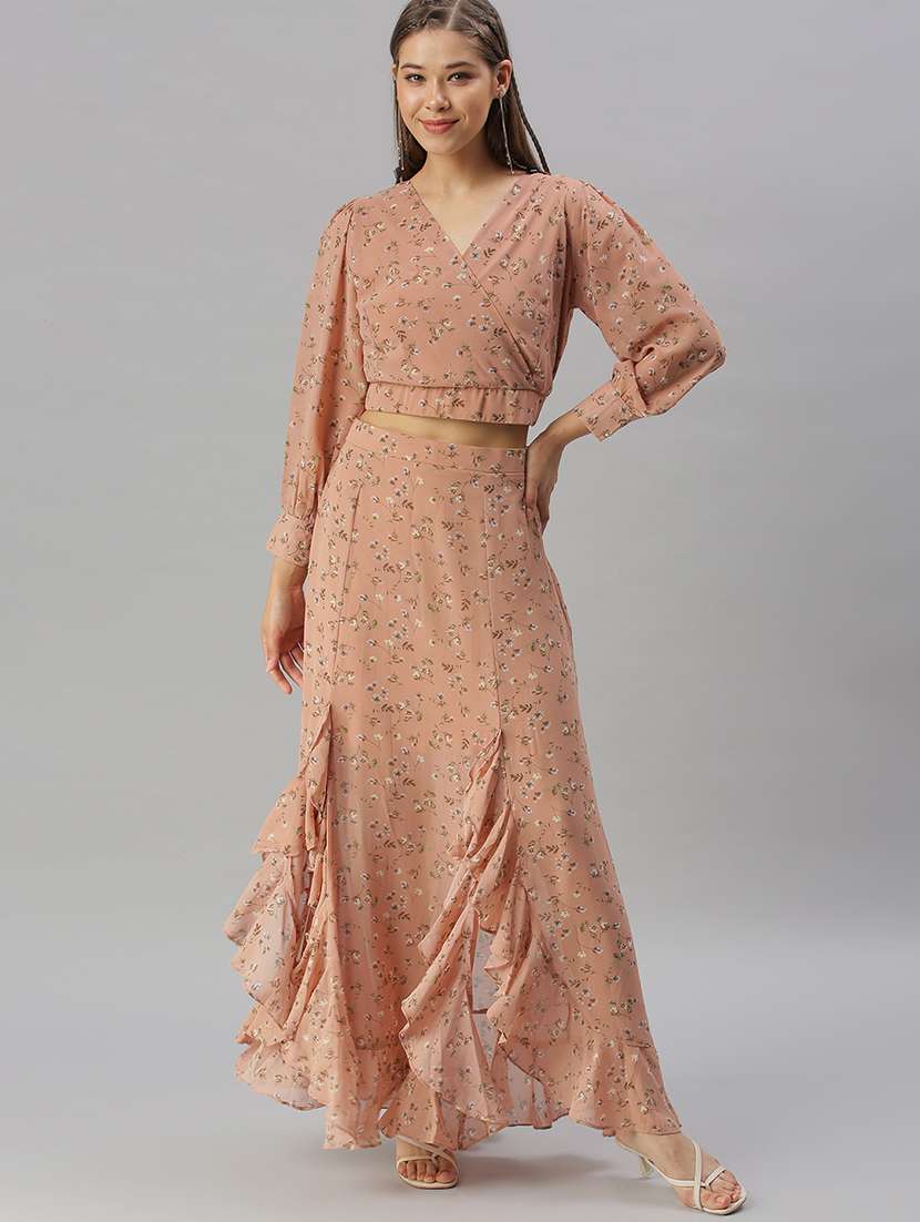 v-neck printed top and skirt set set