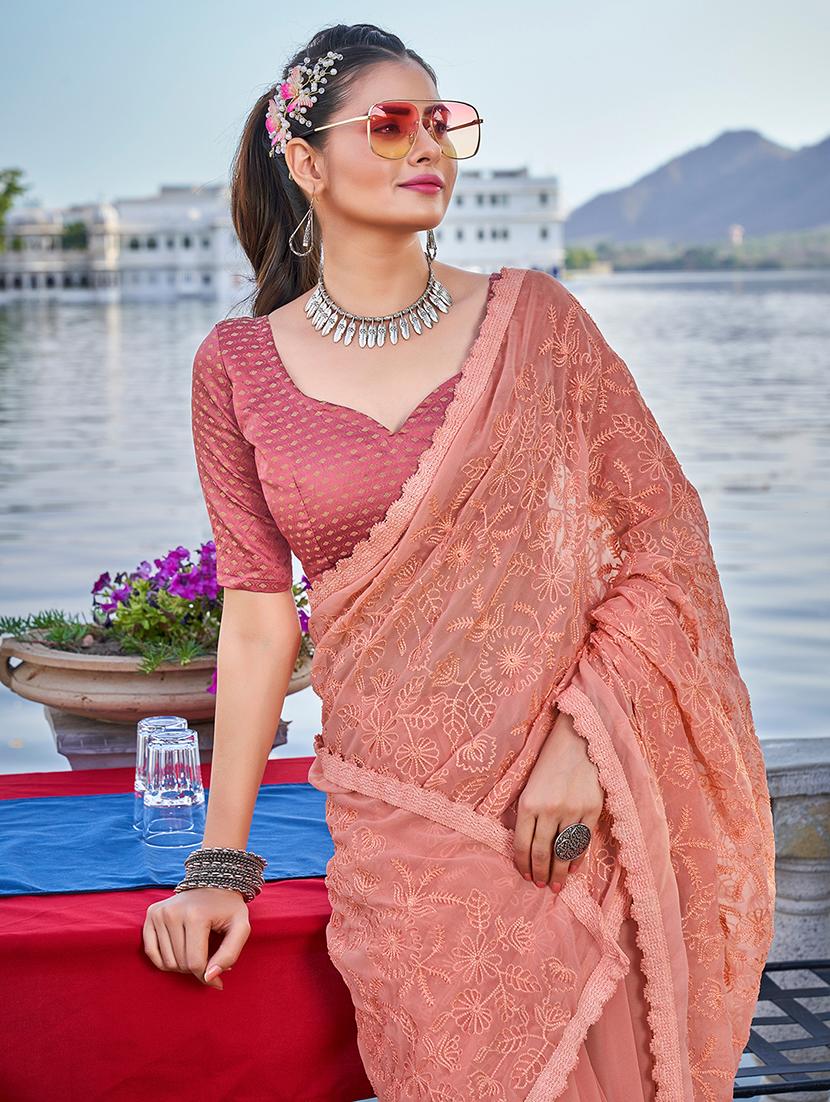 peach georgette embroidered saree - 18392528 - Standard Image - 2