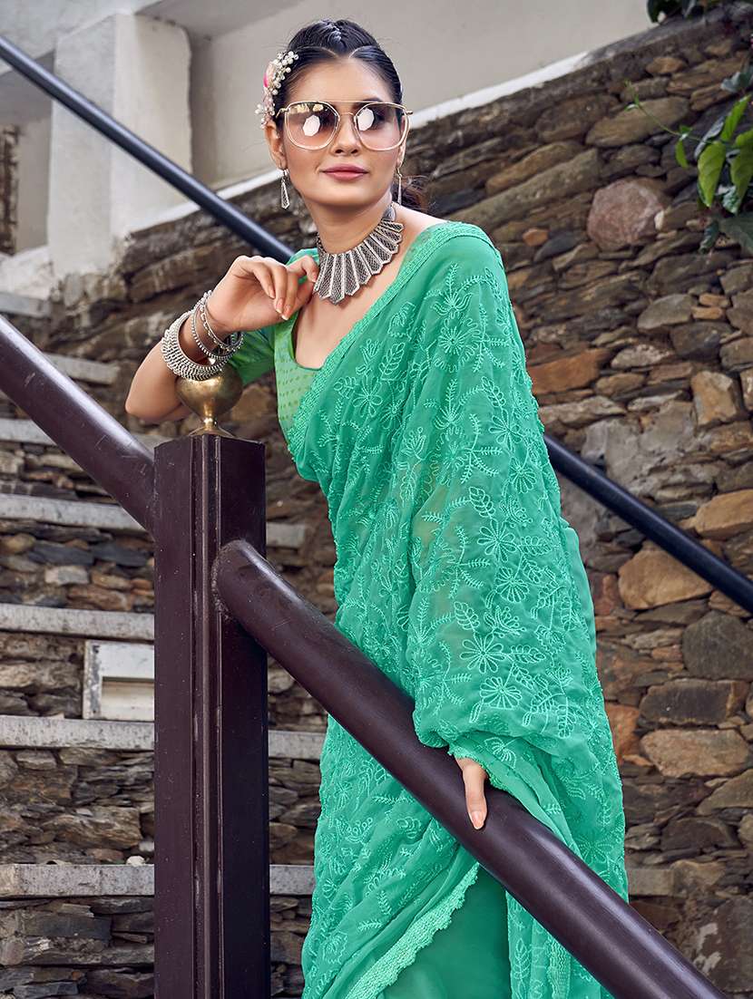turquoise georgette embroidered saree - 18392533 -  Standard Image - 2