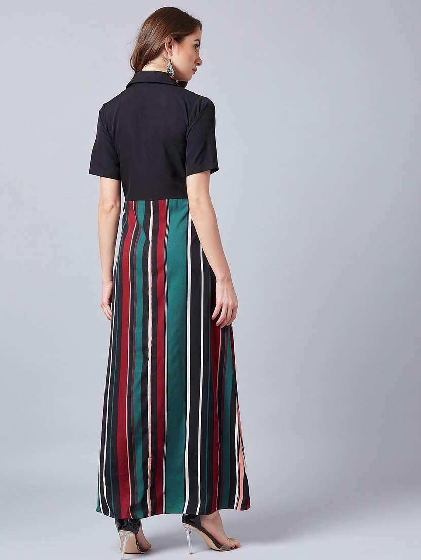 lapel neck striped a-line dress - 18392610 - Standard Image - 2