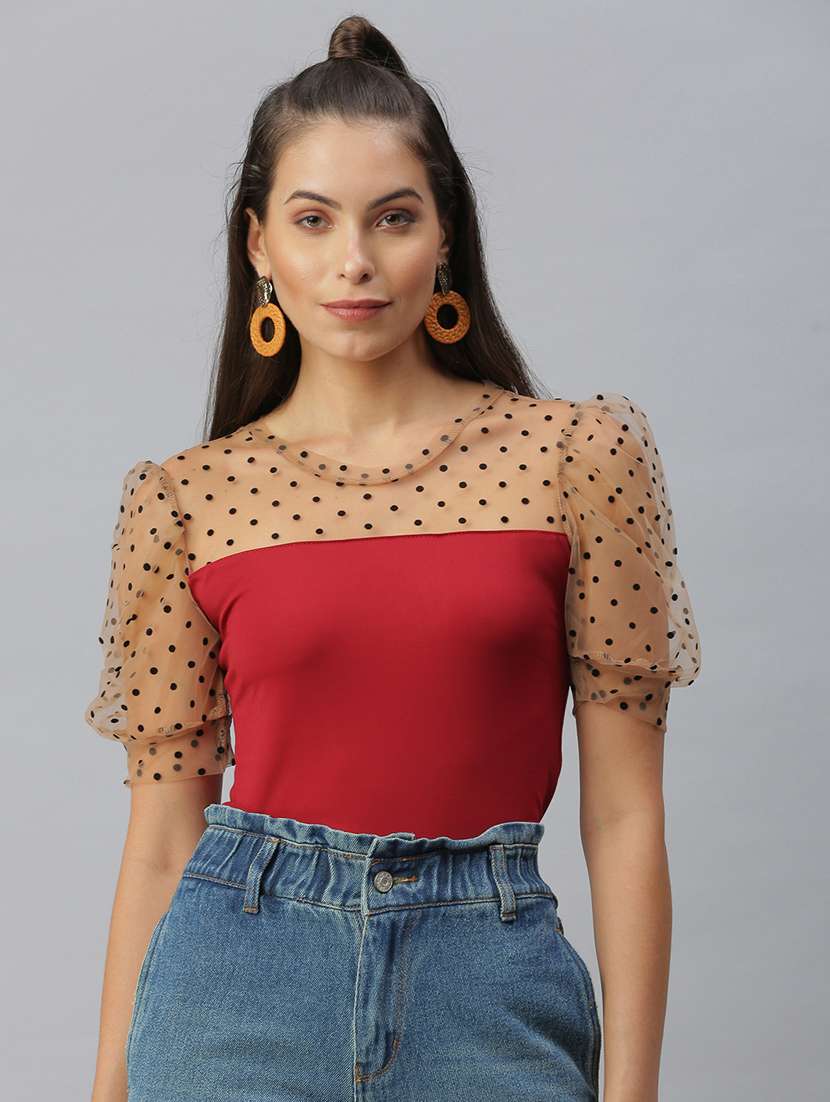 women red self design round neck top