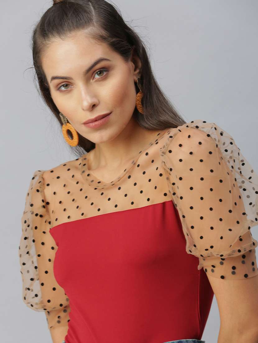 women red self design round neck top - 18392619 - Standard Image - 2