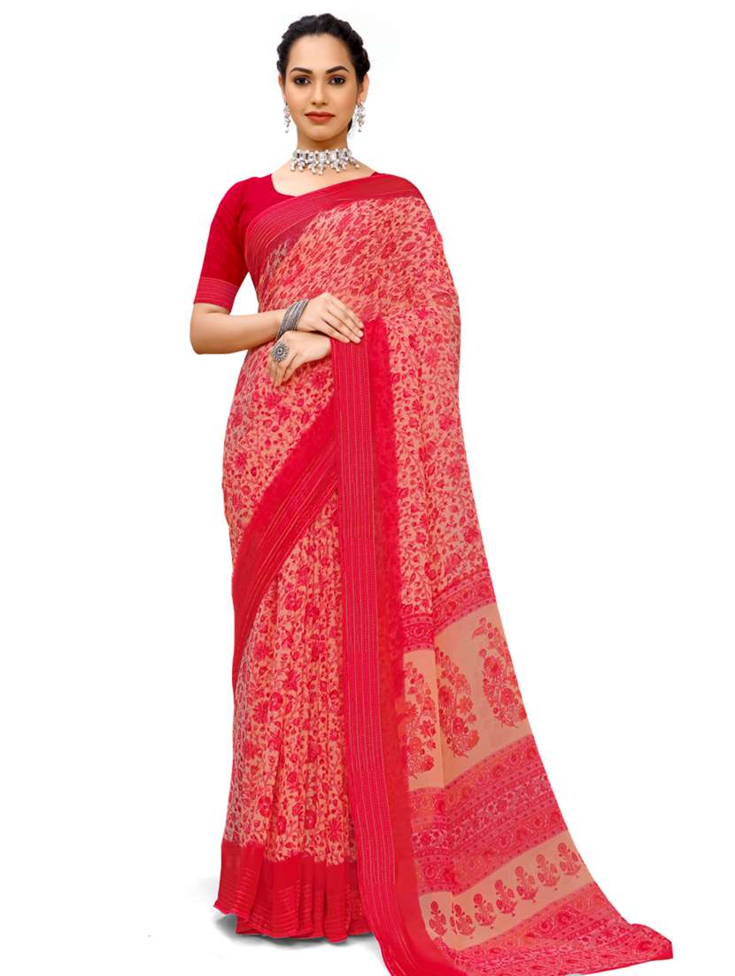 red chiffon printed saree with blouse