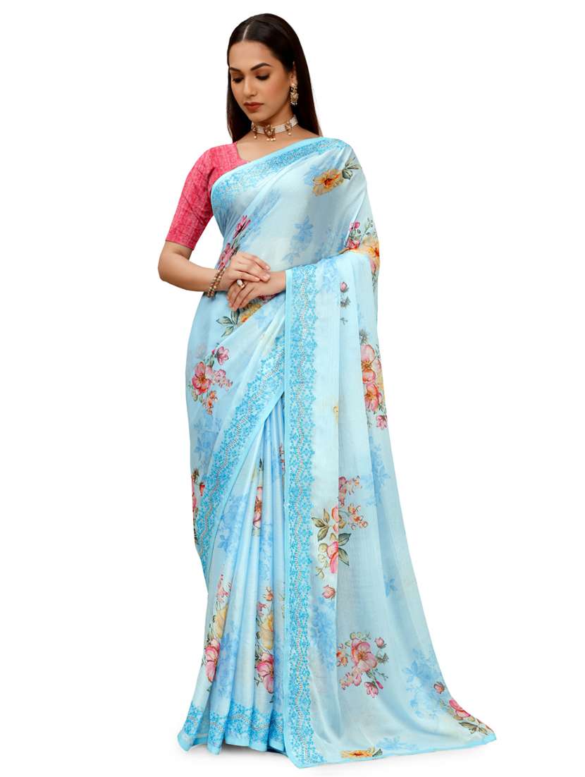 blue chiffon printed saree with blouse