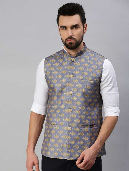 blue self-designed nehru jacket - 18395150 - Standard Image - 0