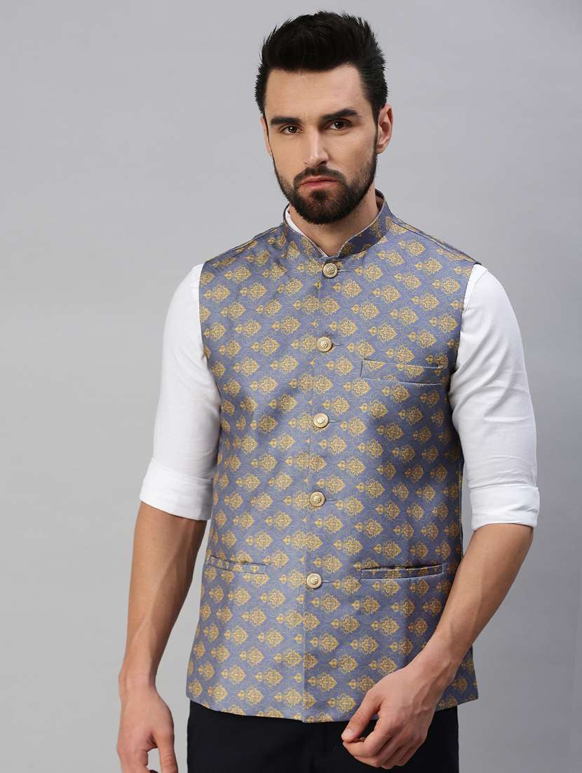 blue self-designed nehru jacket - 18395150 - Zoom Image - 0