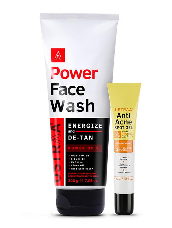 ustraa anti acne spot gel - 15ml & power face wash energize and de-tan - 200g