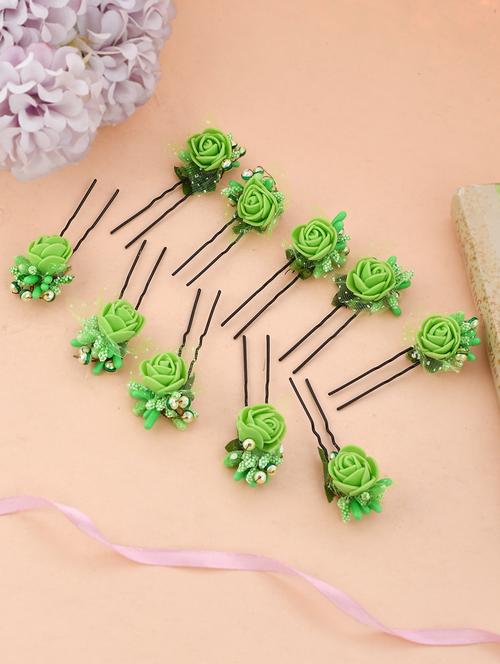 set of 10 green flower juda hair bun accessory set - 18395667 - Standard Image - 0