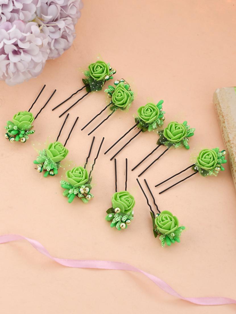 set of 10 green flower juda hair bun accessory set - 18395667 - Zoom Image - 0