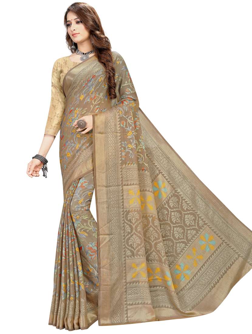 brown printed saree with blouse