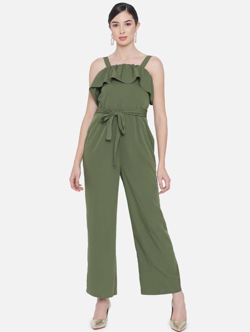 tie front solid full leg jumpsuit