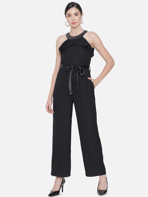 tie front solid full leg jumpsuit - 18396472 - Standard Image - 0