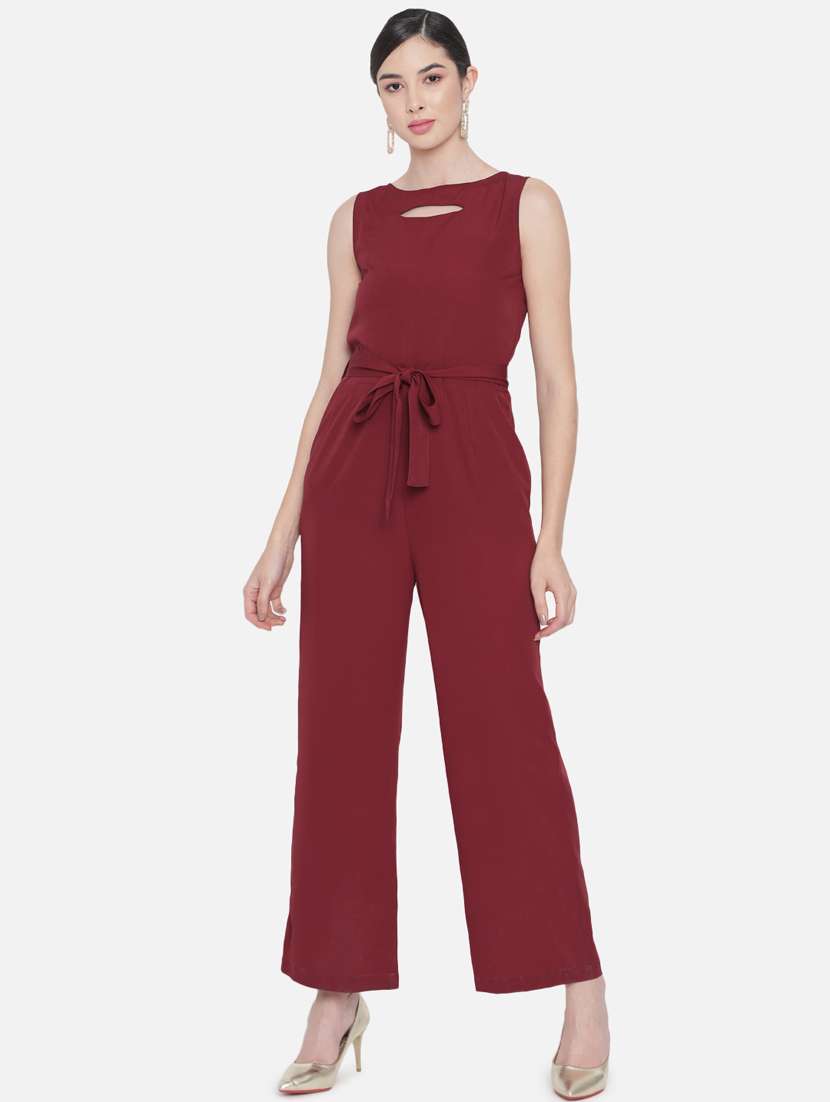 tie front solid full leg jumpsuit