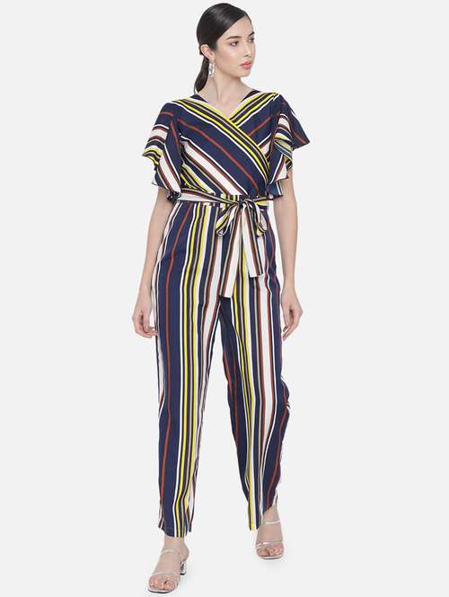 tie front striped full leg jumpsuit - 18396477 -  Standard Image - 0