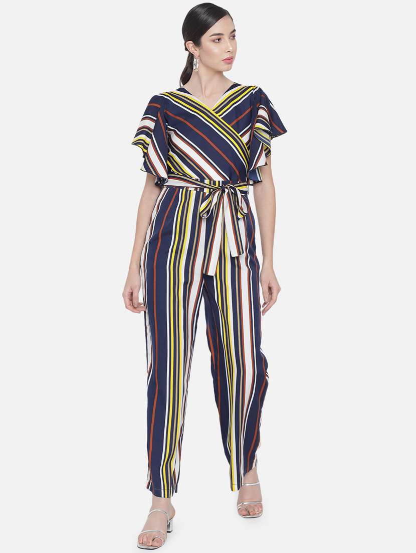 tie front striped full leg jumpsuit