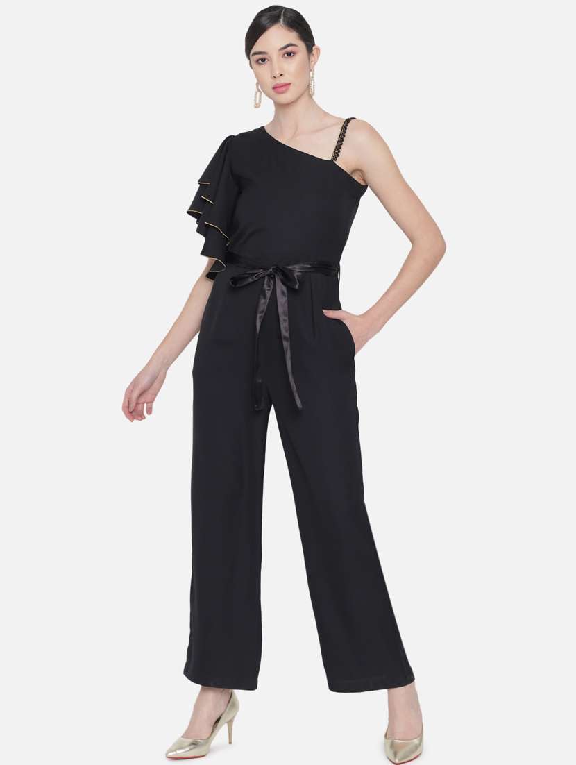 tie front solid full leg jumpsuit