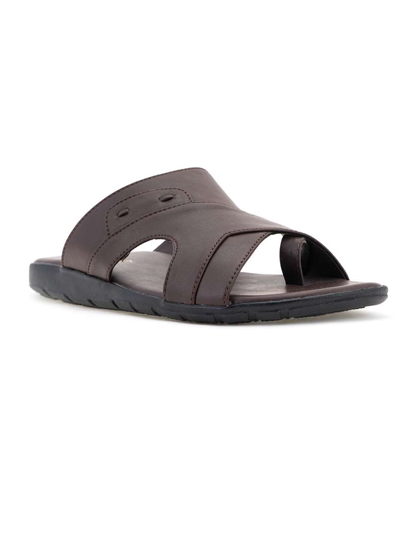 brown synthetic & mesh slip on sandals