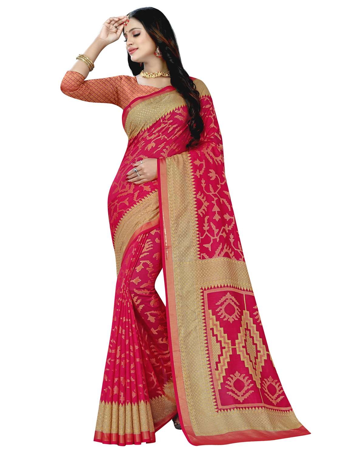pink colored printed saree with blouse