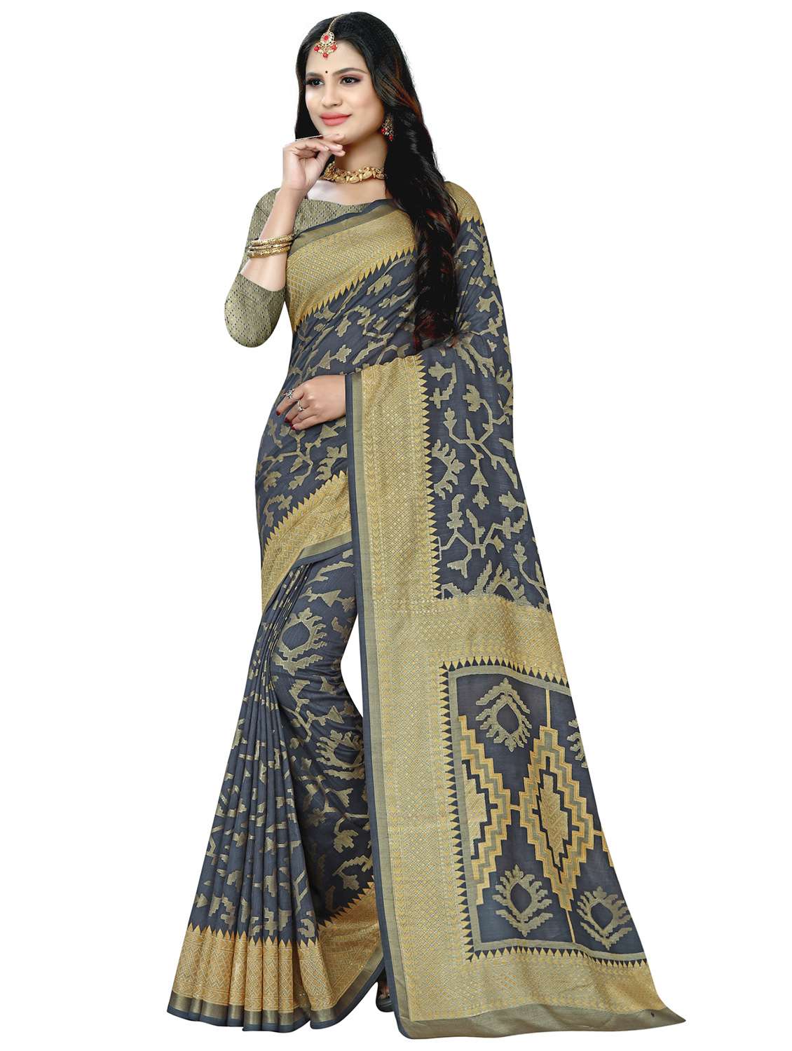 grey colored printed saree with blouse