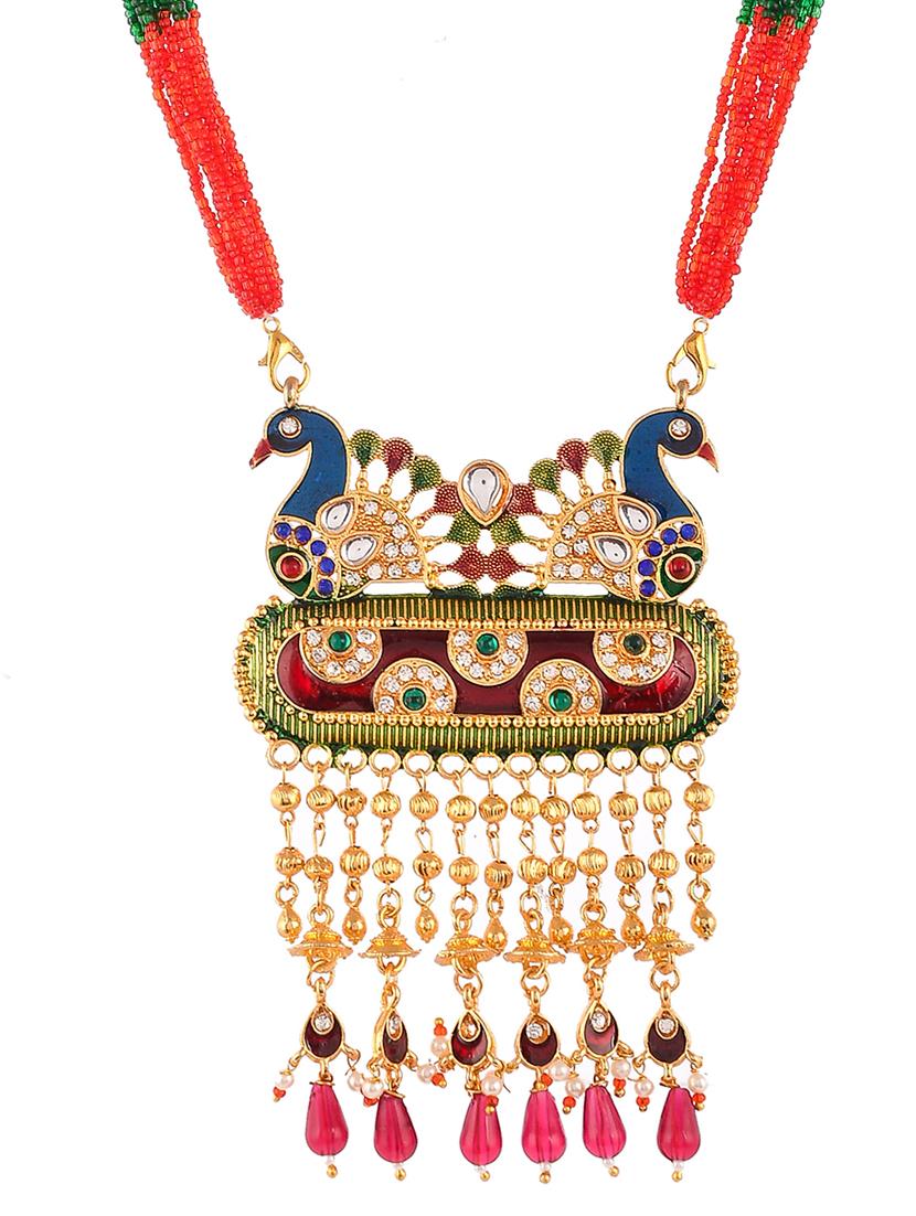gold plated peacock designed meenakari necklace - 18397097 - Standard Image - 2