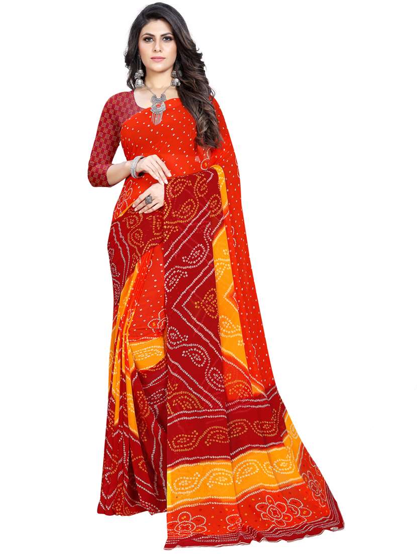 red printed saree