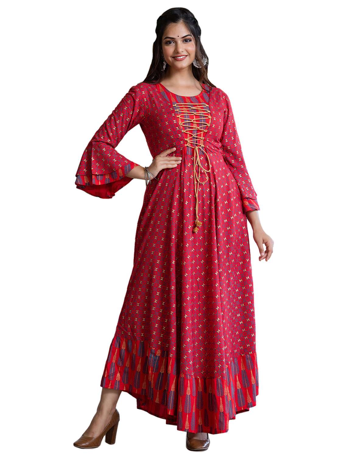 red printed anarkali kurta