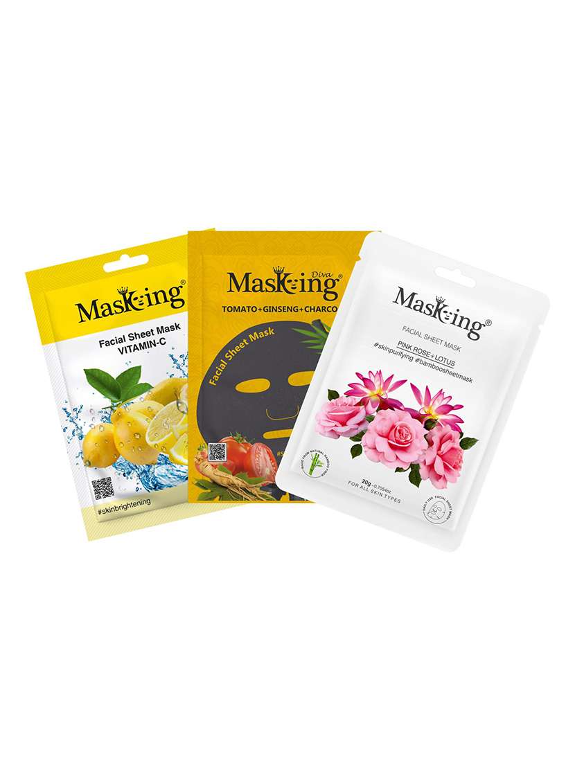 masking beauty bamboo charcoal facial sheet mask of lemon, rose & tomato combo pack of 3