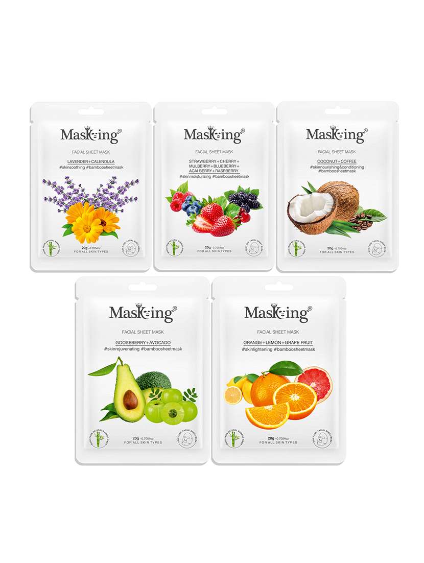 masking bamboo facial sheet mask of lavender, strawberry, coffee, gooseberry & orange ideal for women & men (combo pack of 5) - 18398598 -  Zoom Image - 0