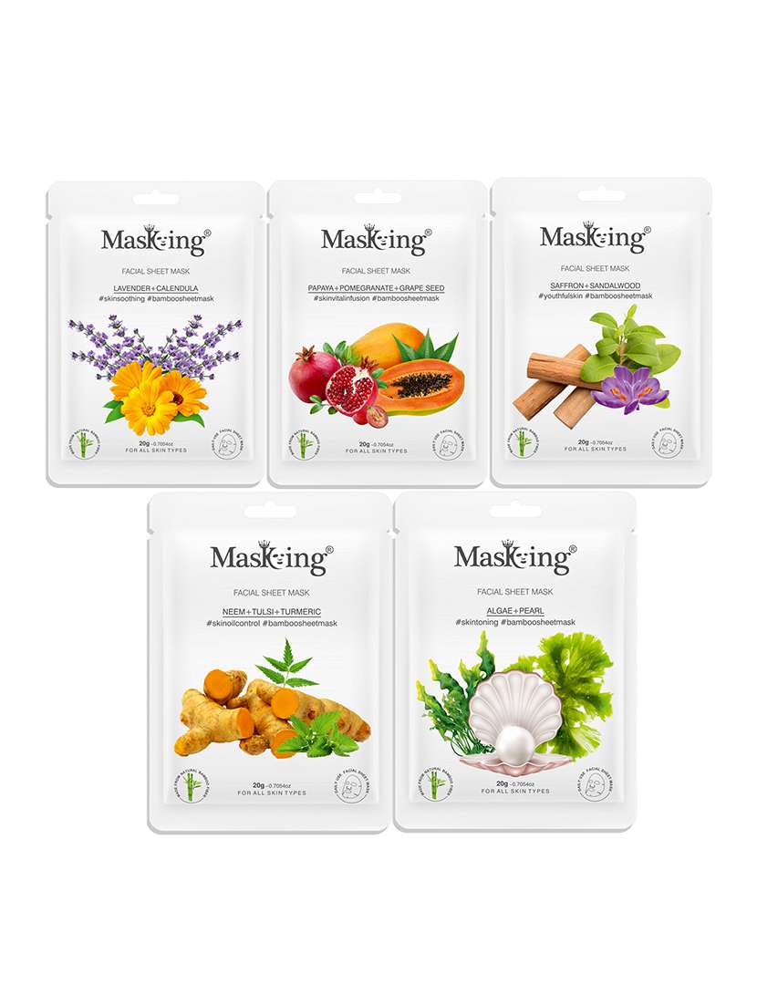 masking bamboo facial sheet mask of lavender, papaya, neem, saffron & algae ideal for women & men (combo pack of 5) (100 g)