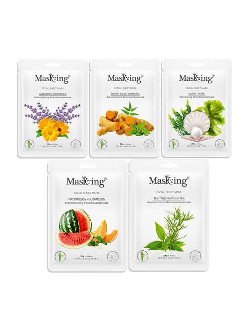 masking bamboo facial sheet mask of lavender, saffron, algae, watermelon & tea tree ideal for women & men (combo pack of 5) - 18398604 -  Standard Image - 0