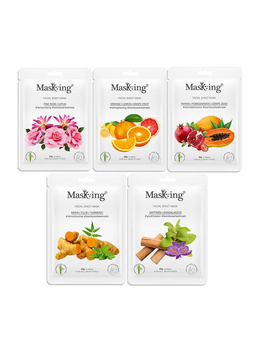 masking bamboo facial sheet mask of pink rose, orange, papaya, neem & saffron ideal for women & men (combo pack of 5) (100 g)