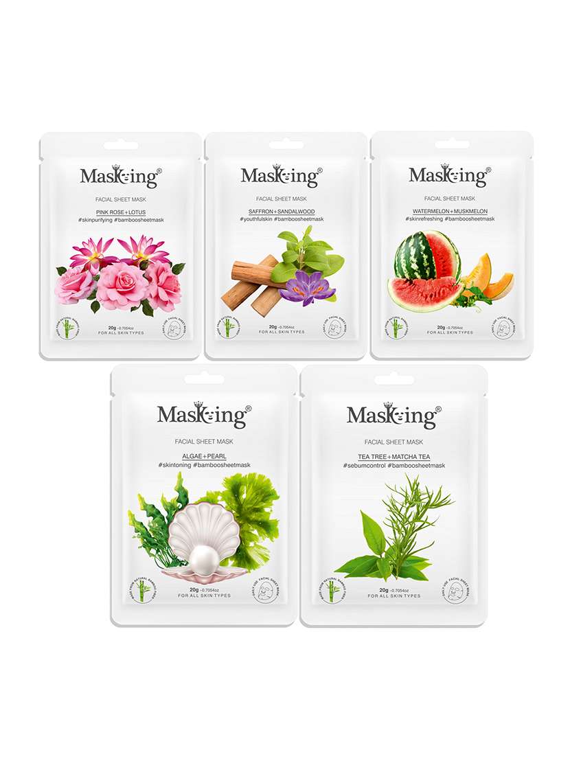 masking bamboo facial sheet mask of pink rose, saffron, algae, watermelon & tea tree ideal for women & men (combo pack of 5) - 18398611 -  Zoom Image - 0