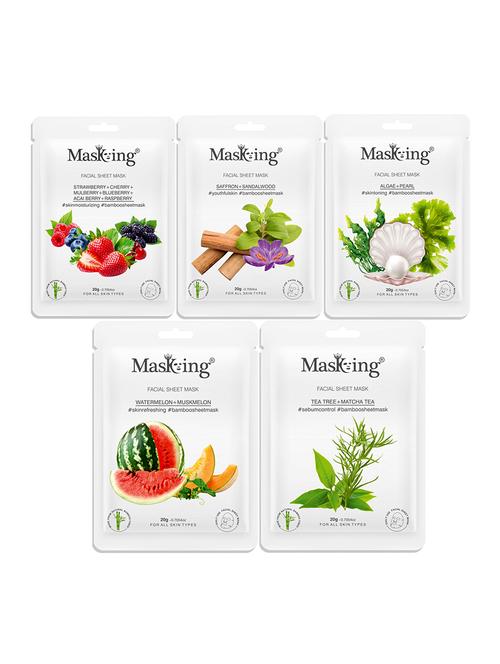 masking bamboo facial sheet mask of strawberry, saffron, algae, watermelon & tea tree ideal for women & men (combo pack of 5) - 18398617 - Standard Image - 0