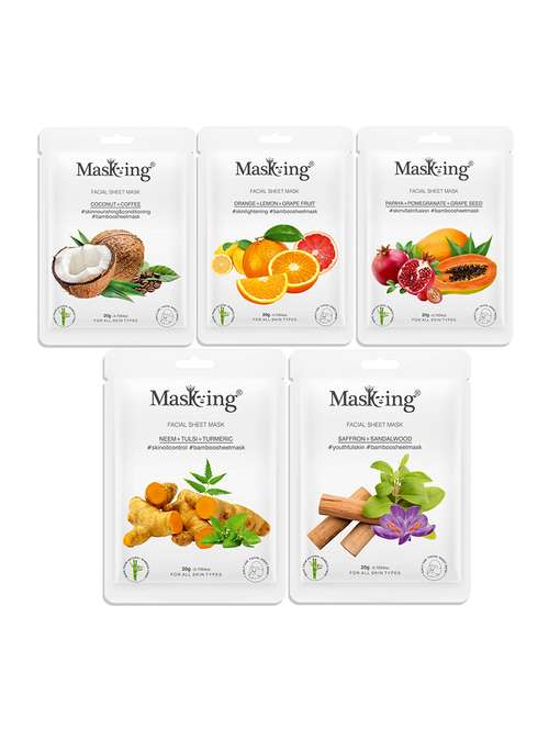 masking bamboo facial sheet mask of coffee, orange, papaya, neem & saffron ideal for women & men (combo pack of 5) (100 g) - 18398619 - Standard Image - 0