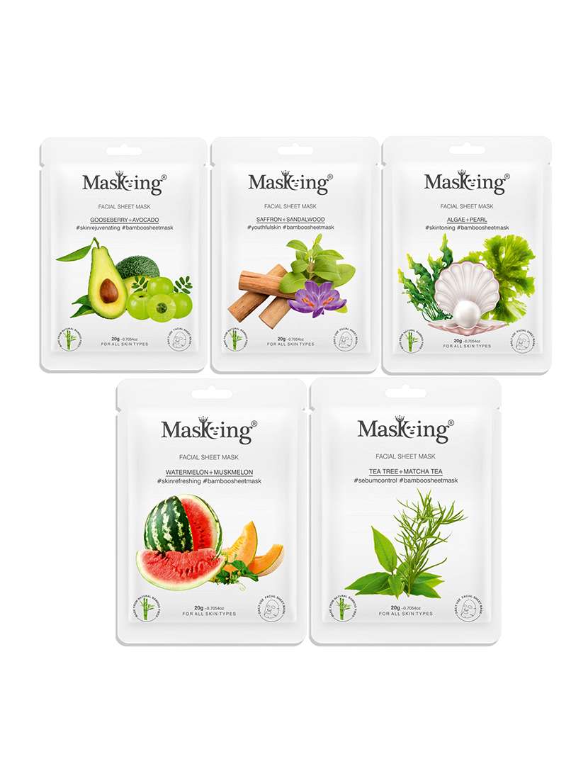masking bamboo facial sheet mask of gooseberry, saffron, algae, watermelon & tea tree ideal for women & men (combo pack of 5) - 18398629 - Zoom Image - 0
