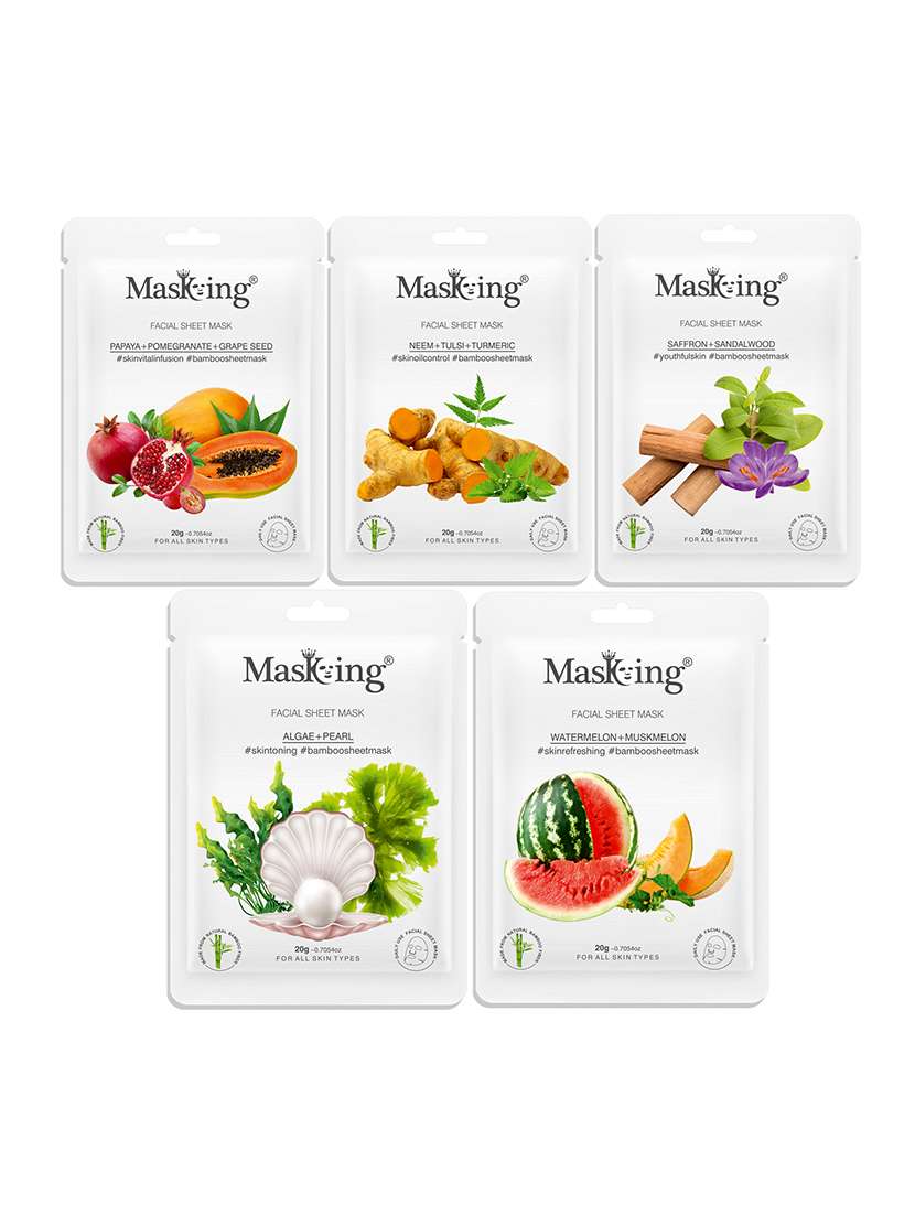 masking bamboo facial sheet mask of papaya, neem, saffron, algae & watermelon ideal for women & men (combo pack of 5) (100 g)