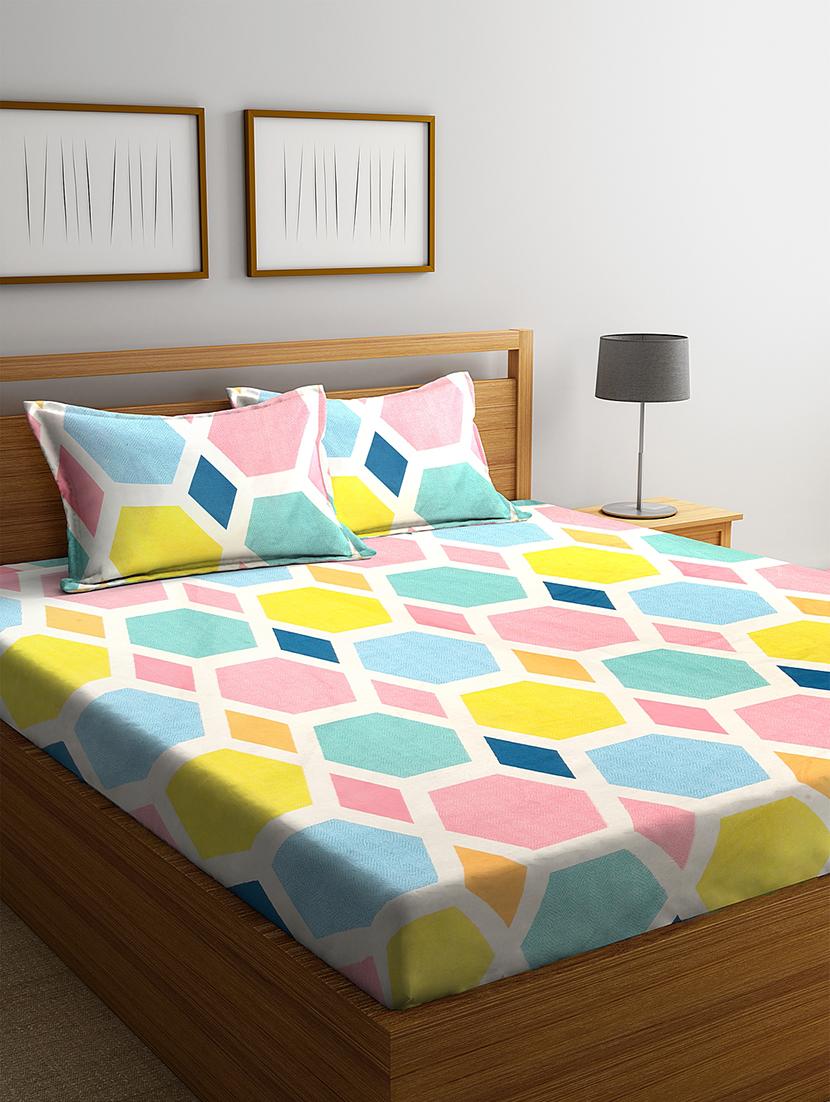 klotthe multi geometric 210 tc cotton blend double bedsheet with 2 pillow covers