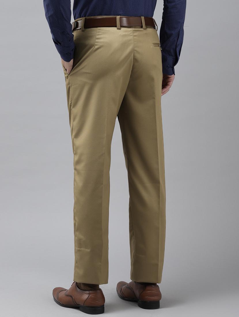 khaki solid flat front casual trouser - 18399973 - Standard Image - 2
