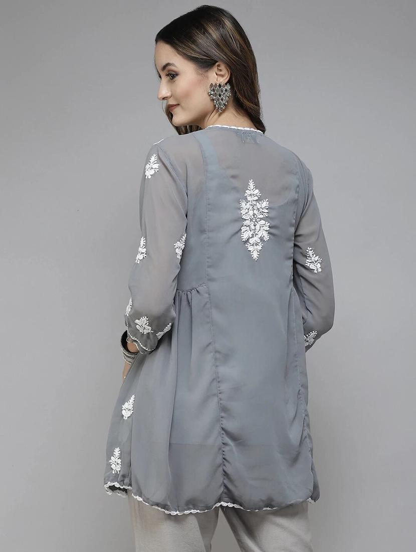 grey georgette chikankari kurti - 18400010 - Standard Image - 2