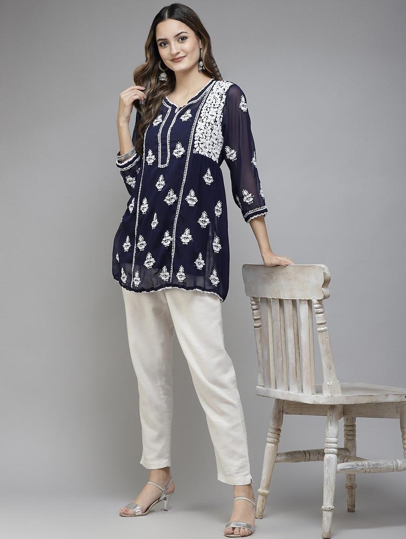 ada hand embroidered navy blue georgette lucknowi chikankari kurti with slip - 18400013 - Standard Image - 2